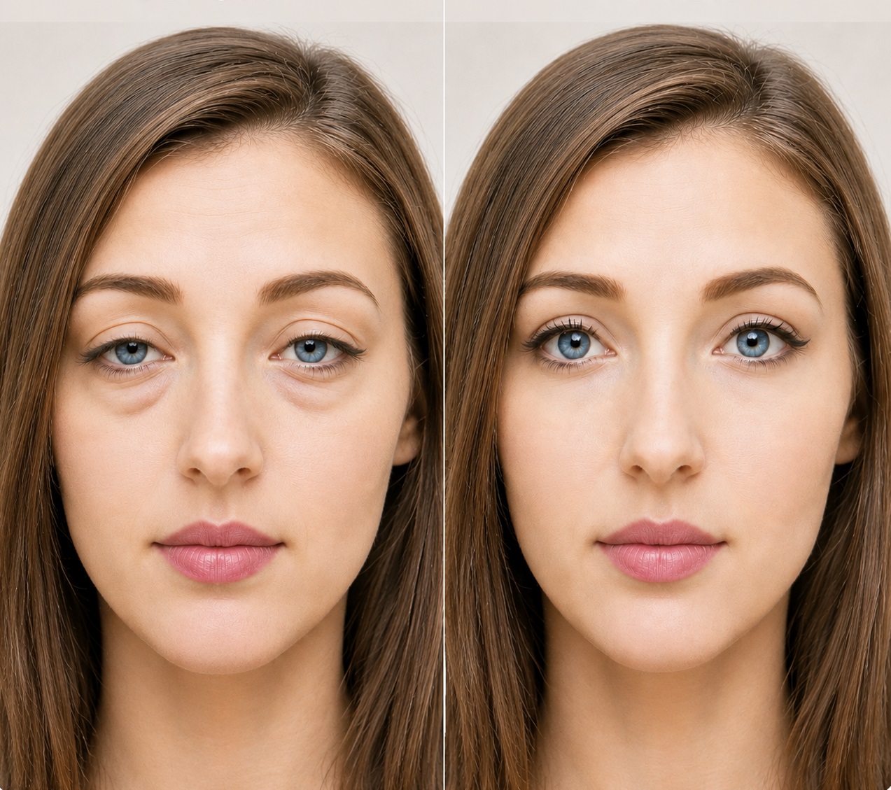 Woman shown before and after eyelid rejuvenation representing eyelid surgery at VENUS MD in Orange County