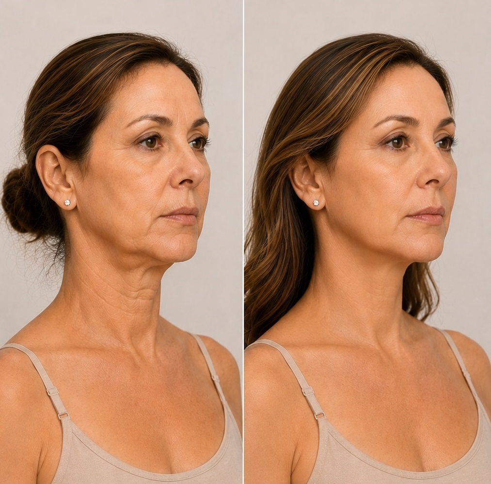 Woman shown before and after facial rejuvenation representing facelift surgery at VENUS MD in Orange County