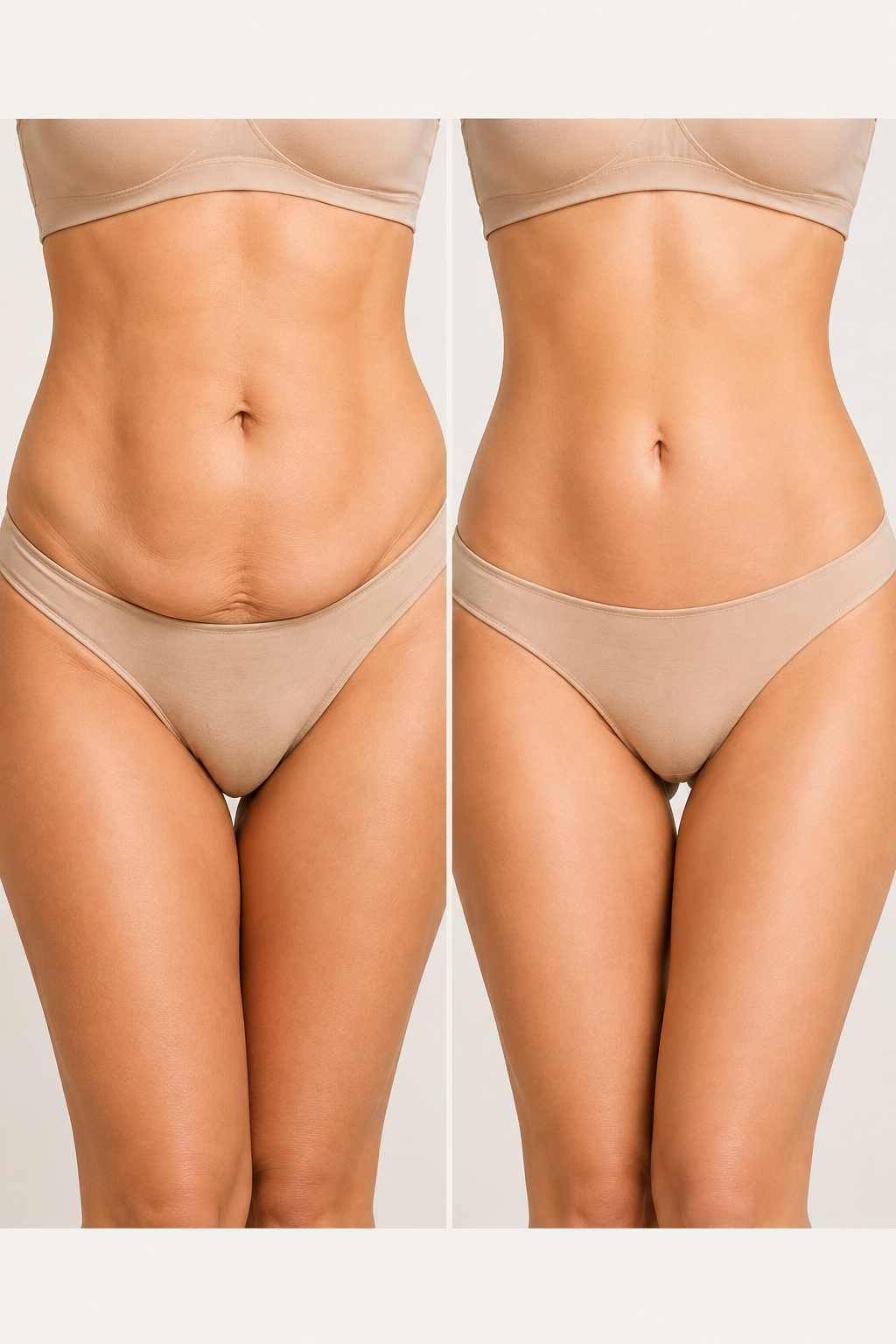Woman showing before and after abdominal contour representing tummy tuck surgery at VENUS MD in Orange County