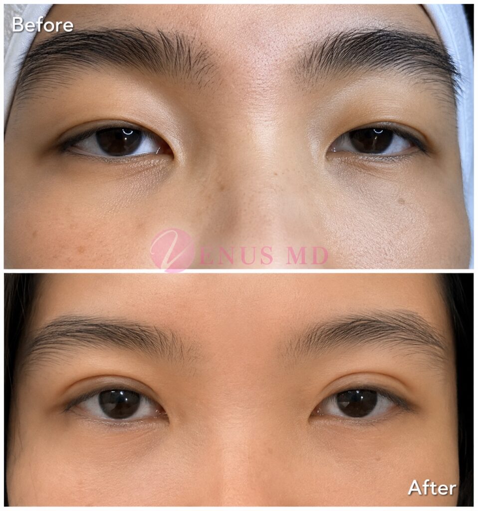 Before and after Asian upper eyelid surgery showing reduced hooding and a wider eyelid crease at VENUS MD